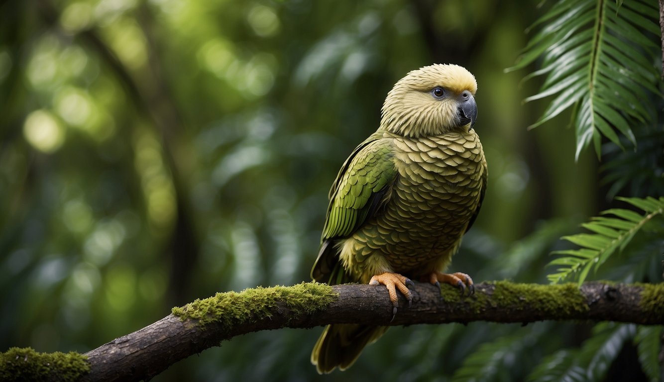 A kakapo perches on a branch, surrounded by lush green foliage.

It looks alert, with its large, round eyes scanning the environment. The vibrant feathers of the kakapo stand out against the natural backdrop