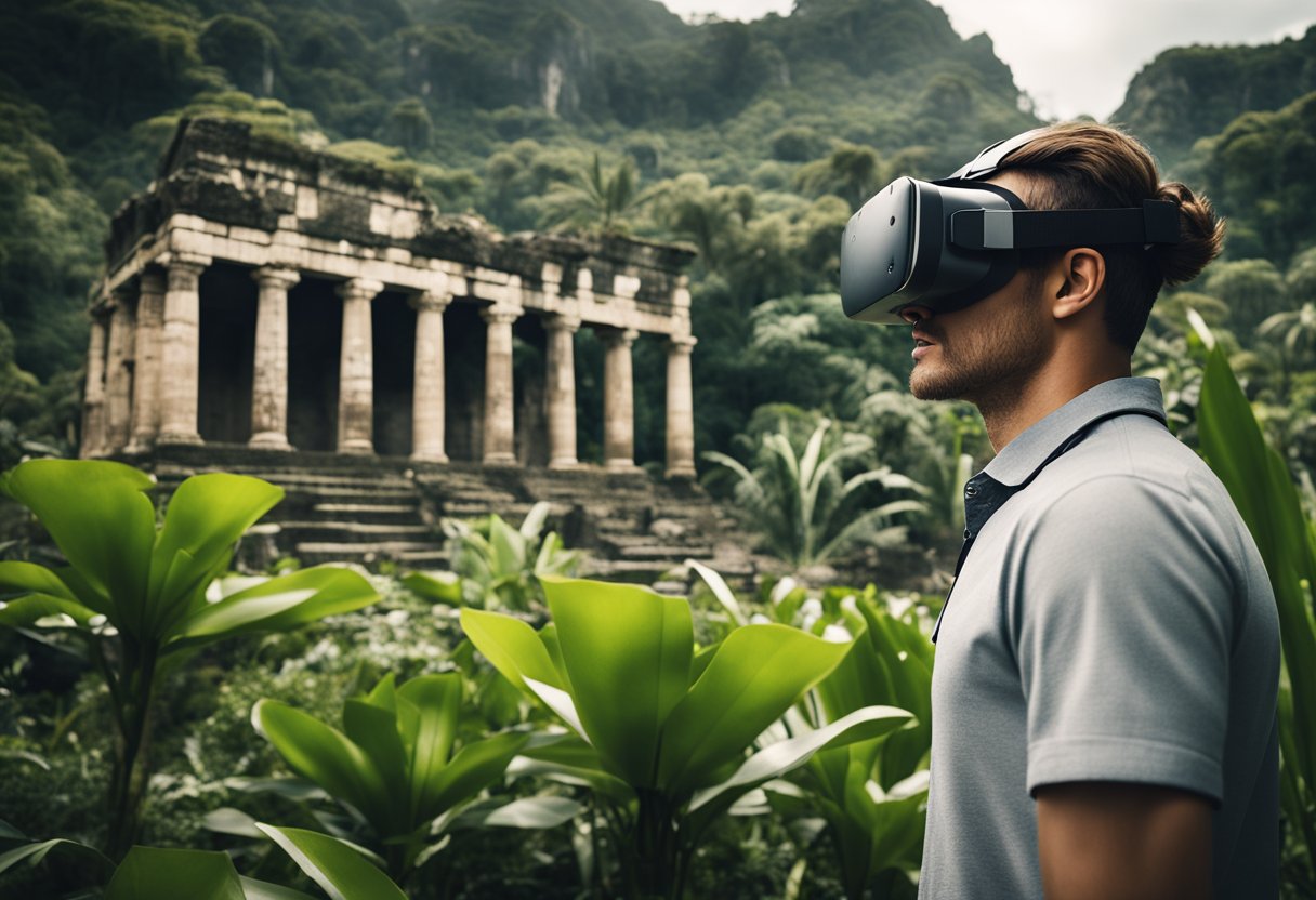 A person wearing a VR headset, surrounded by lush, tropical landscapes and ancient ruins, with a sense of wonder and excitement on their face
