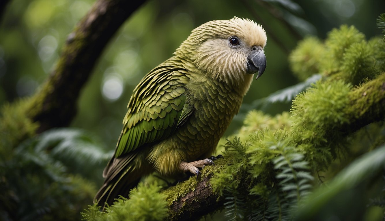 A kakapo perched on a tree branch, surrounded by lush green foliage.

Its vibrant feathers and curious expression capture the attention of young nature lovers
