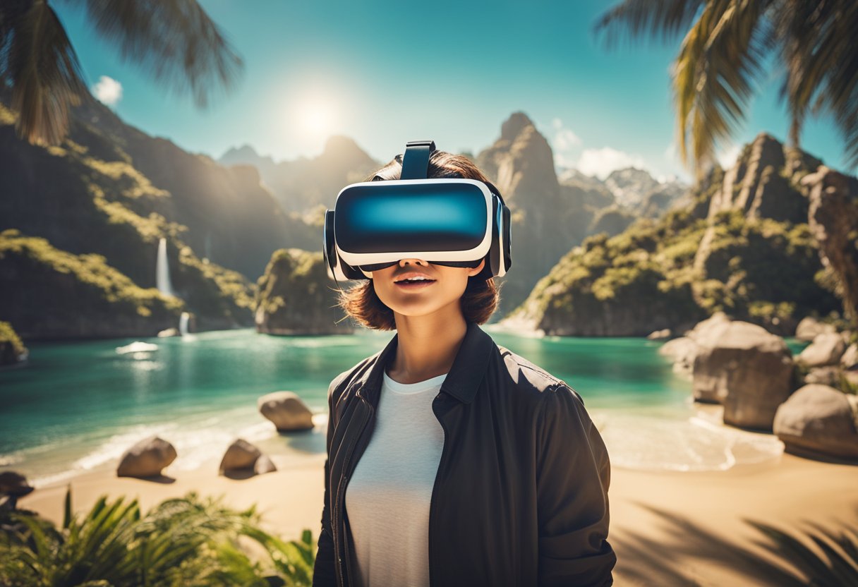 A virtual traveler wearing a VR headset, surrounded by exotic landscapes and landmarks, with a sense of wonder and exploration