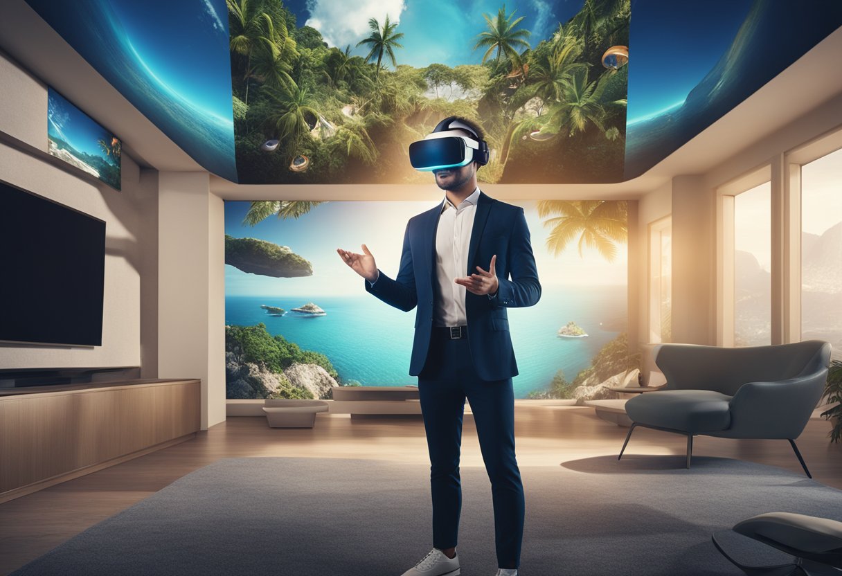 A person wearing a VR headset, surrounded by a futuristic living room with holographic images of exotic destinations projected around them
