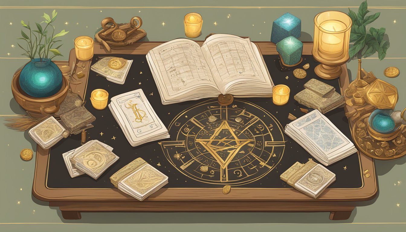 A mystical table with numerology books, tarot cards, and symbolic objects arranged in a harmonious pattern