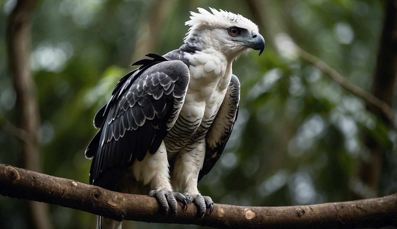 A Harpy Eagle perches on a tall tree branch, its powerful talons gripping the wood as it surveys the rainforest below.

The majestic bird's feathers ruffle in the wind, and its piercing gaze exudes a sense of authority and dominance
