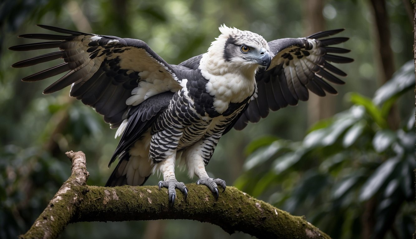 A Harpy Eagle perches on a sturdy branch, its sharp eyes scanning the rainforest below.

Its impressive wings are spread wide, displaying its powerful form