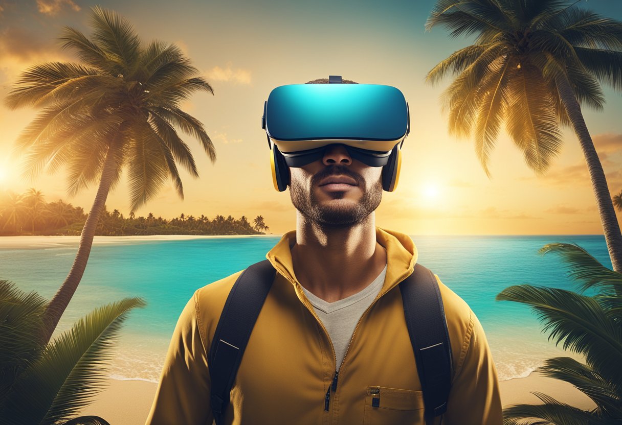 A traveler wearing a virtual reality headset explores a digital recreation of a tropical beach, with vivid colors and realistic details. The scene is filled with palm trees, clear blue waters, and a golden sunset