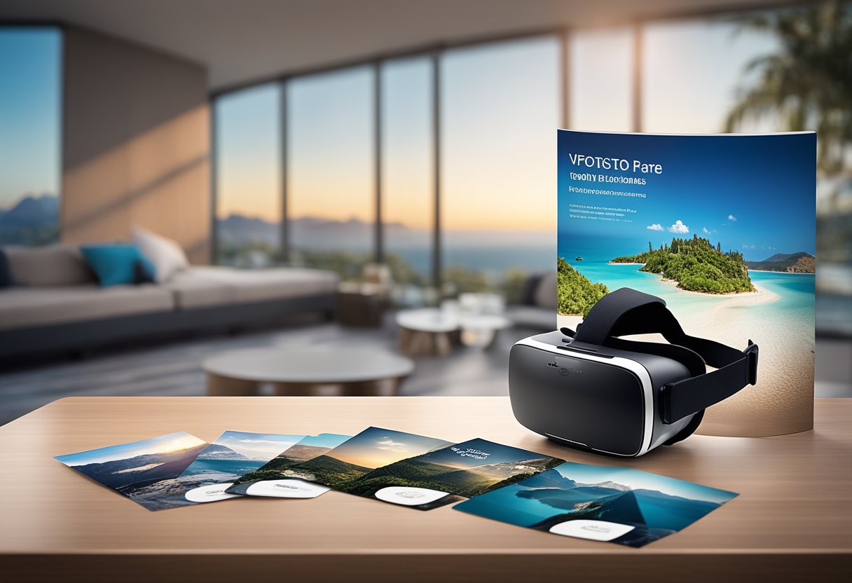 A virtual reality headset is displayed on a table next to a stack of travel brochures. A digital landscape is projected onto a wall, showcasing a scenic destination