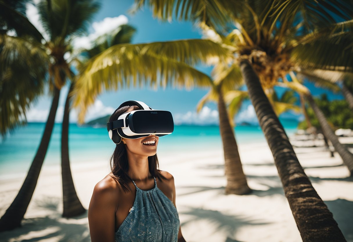 A traveler wearing a VR headset explores a virtual tropical beach, surrounded by palm trees and crystal-clear waters. A digital tour guide showcases luxurious accommodations and activities, enticing potential customers