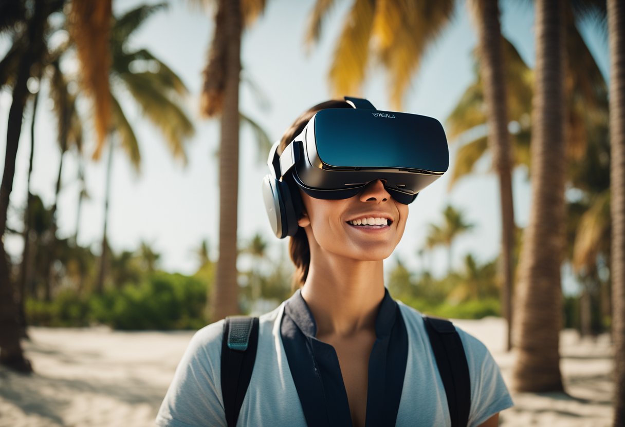 A traveler wearing a VR headset explores a virtual beach resort, surrounded by palm trees and crystal-clear waters. A virtual tour guide points out amenities and activities, while the traveler interacts with the environment