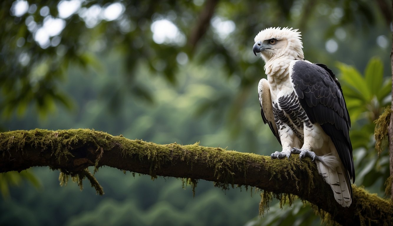A harpy eagle perches on a sturdy branch, surveying the rainforest below with piercing eyes.

The lush green canopy stretches out in all directions, teeming with life