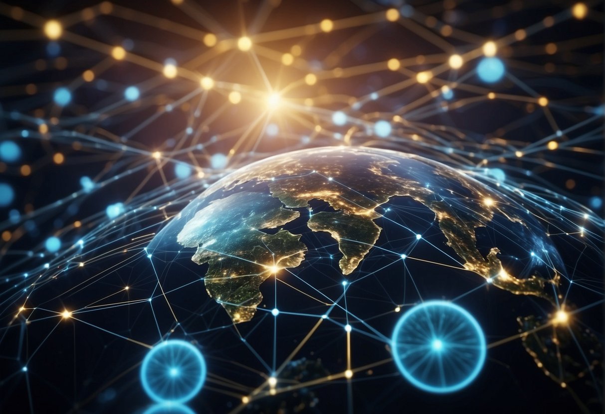 A network of interconnected global financial systems, with data flowing seamlessly between them, representing the future of cross-border payments
