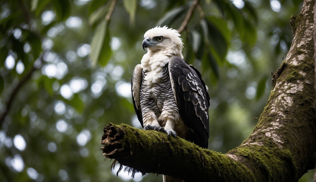 A majestic harpy eagle perches on a towering tree in the lush rainforest, surveying its domain with piercing eyes and powerful talons