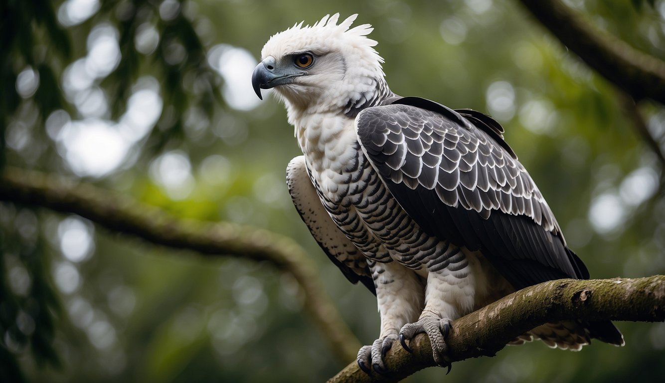A majestic Harpy Eagle perches on a sturdy branch, its piercing gaze surveying the rainforest below.

Its impressive wings are spread wide, showcasing its powerful and intimidating presence