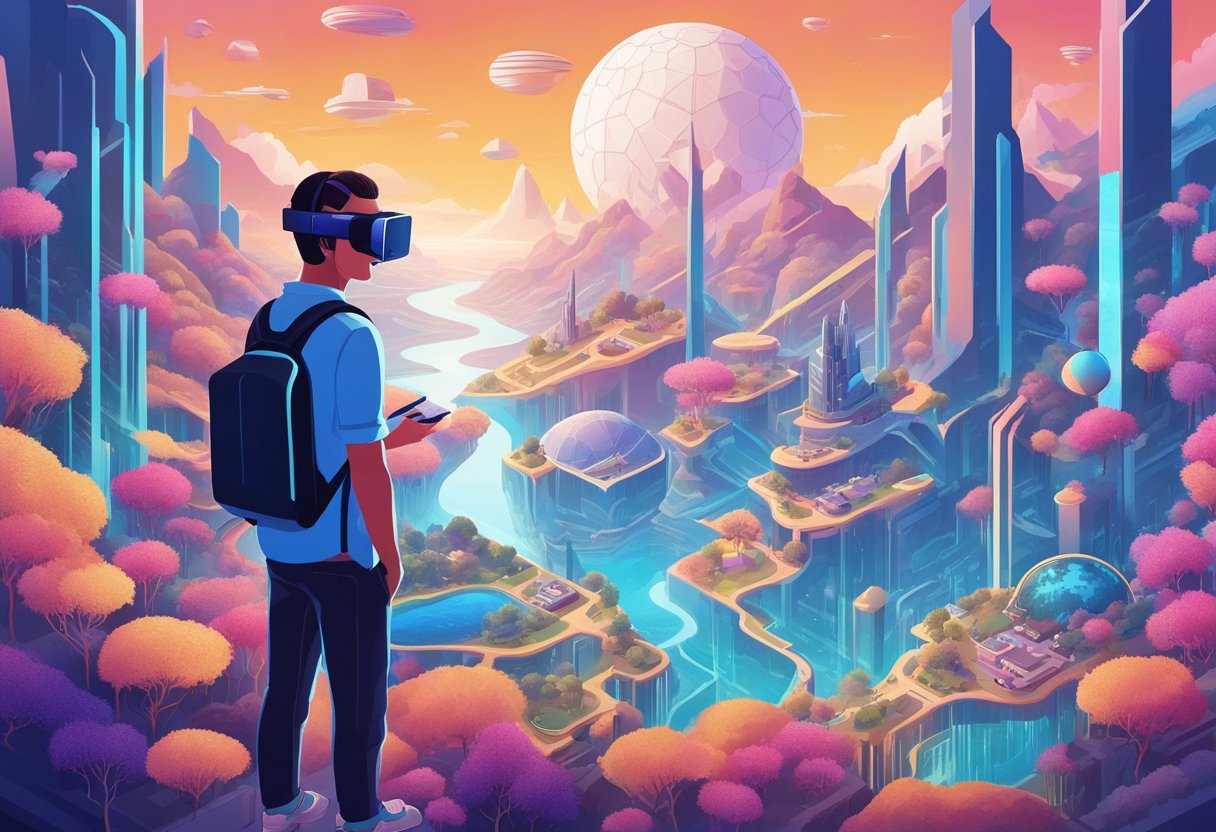 A traveler wearing a VR headset stands in front of a virtual landscape, surrounded by futuristic technology and immersive visuals