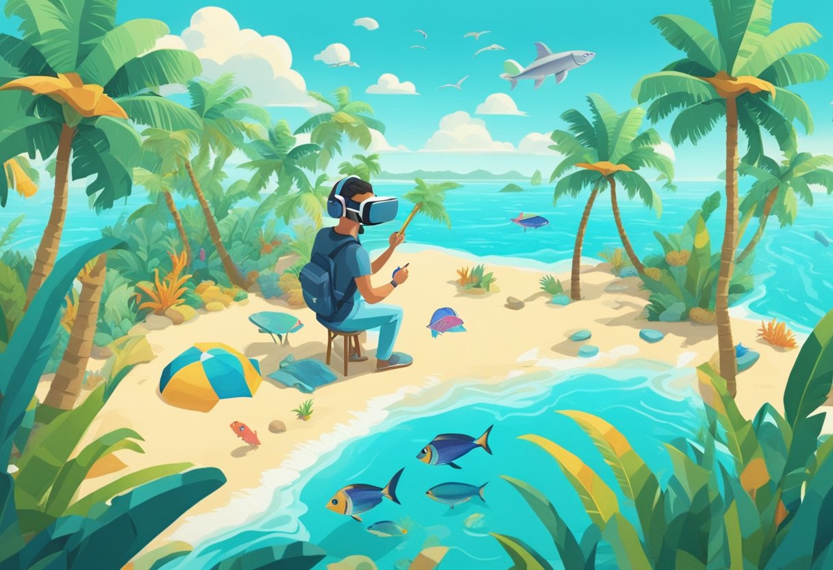 A traveler wearing a VR headset explores a virtual tropical beach, with palm trees, clear blue water, and colorful fish swimming around
