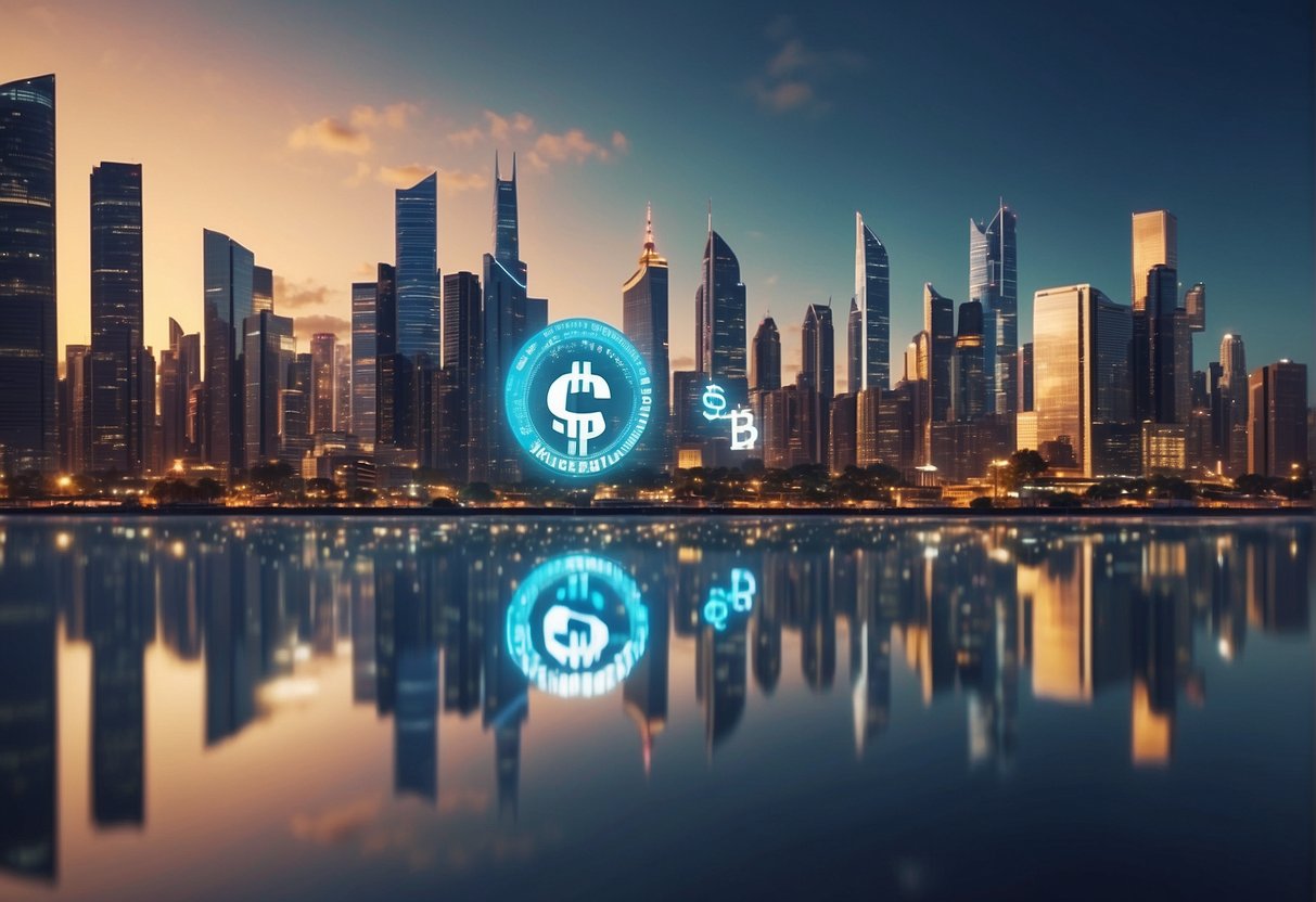 A futuristic city skyline with digital currency symbols floating above, connecting with various global landmarks