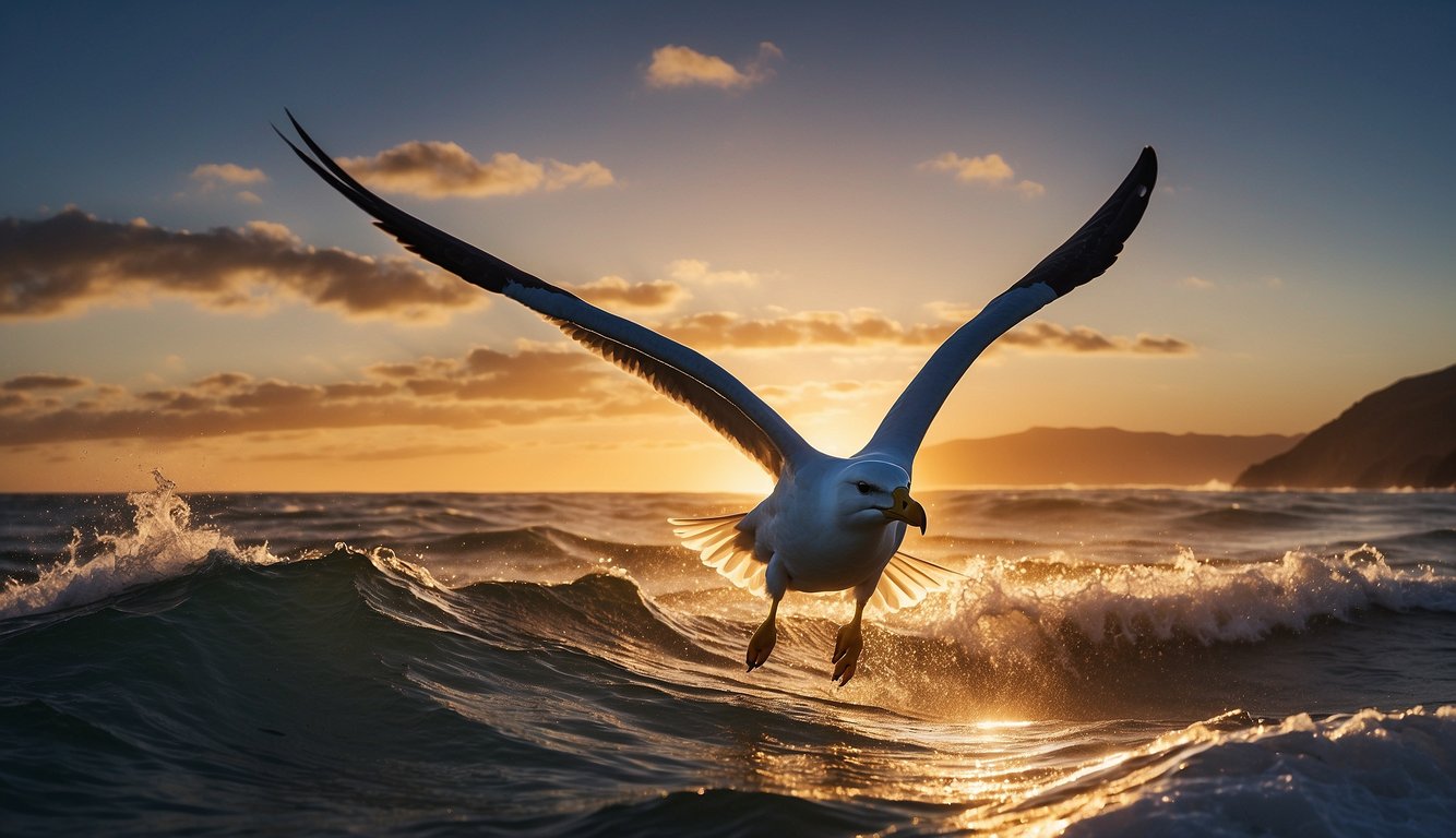 A massive albatross soars above crashing waves, its wings outstretched in majestic flight.

The ocean stretches endlessly below, and the bird's silhouette is illuminated by the golden light of the setting sun