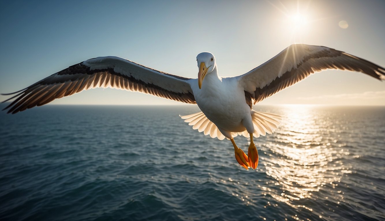 A majestic albatross soars over the vast ocean, its giant wings outstretched as it glides effortlessly through the sky.

The sun glistens off its feathers, creating a beautiful and serene scene