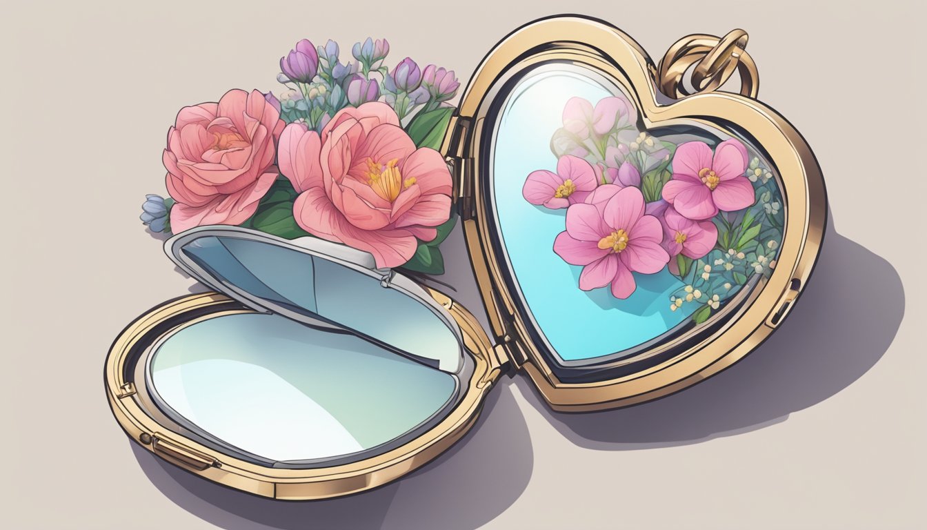 A heart-shaped locket opens, revealing a photo inside.</p><p>A small bouquet of flowers rests next to it, symbolizing love and relationships