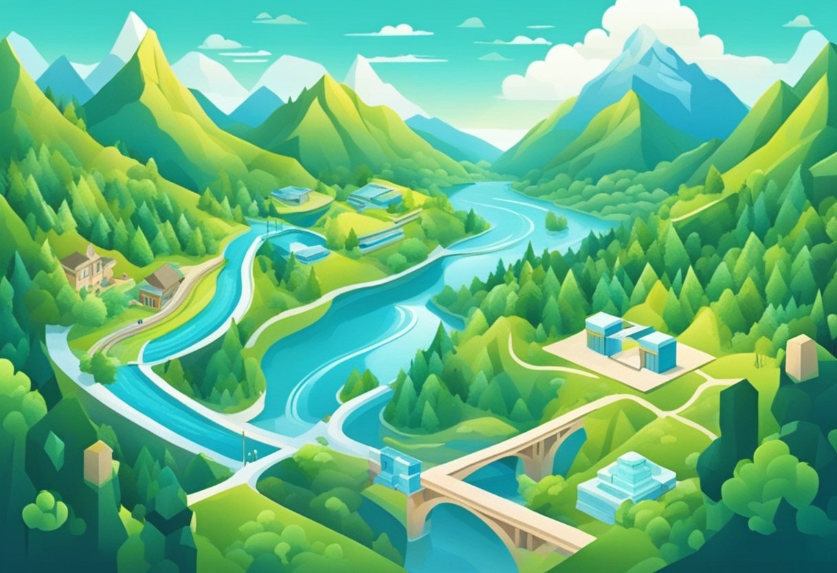 A scenic landscape with mountains, a flowing river, and lush greenery, with a VR headset hovering above, showcasing the potential of virtual tourism
