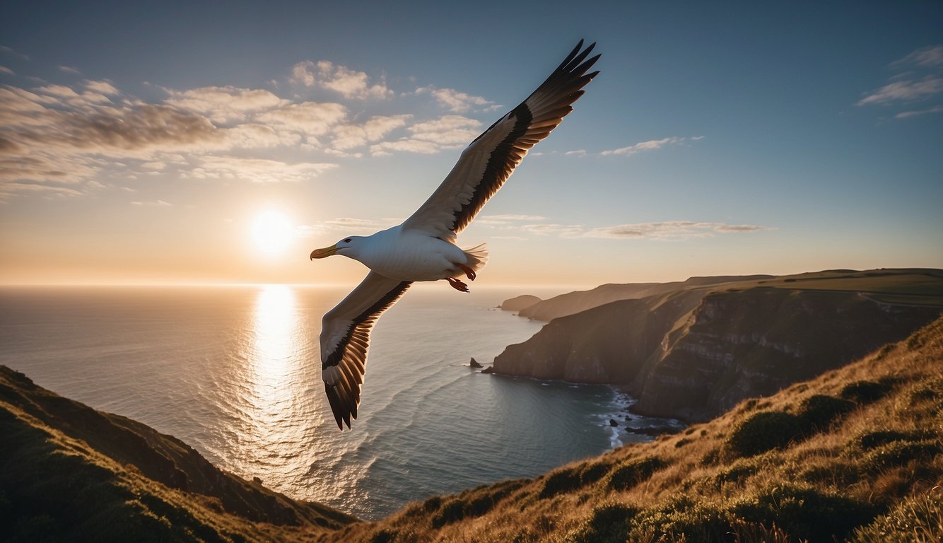 A majestic albatross soars above the vast ocean, its enormous wings outstretched against the backdrop of a setting sun, while a rugged coastline stretches out in the distance