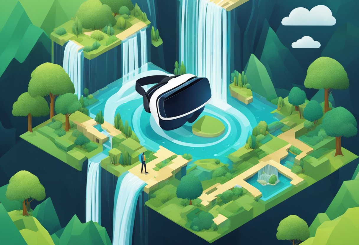 A virtual reality headset transports the user to a scenic destination, with mountains, waterfalls, and lush greenery. The user is immersed in the experience, feeling as though they are truly present in the virtual environment