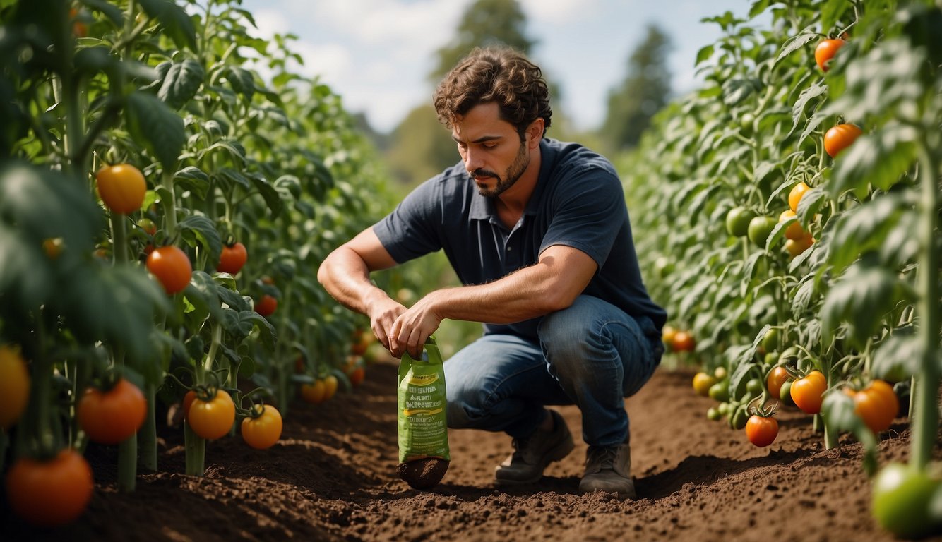 A person holding a bag of fertilizer, kneeling next to a row of tomato plants, carefully spreading the fertilizer around the base of each plant