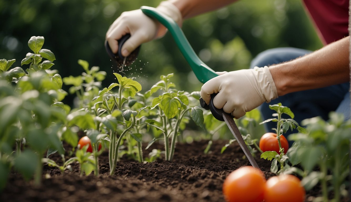 A gardener applies fertilizer to tomato plants using a handheld spreader in a garden bed