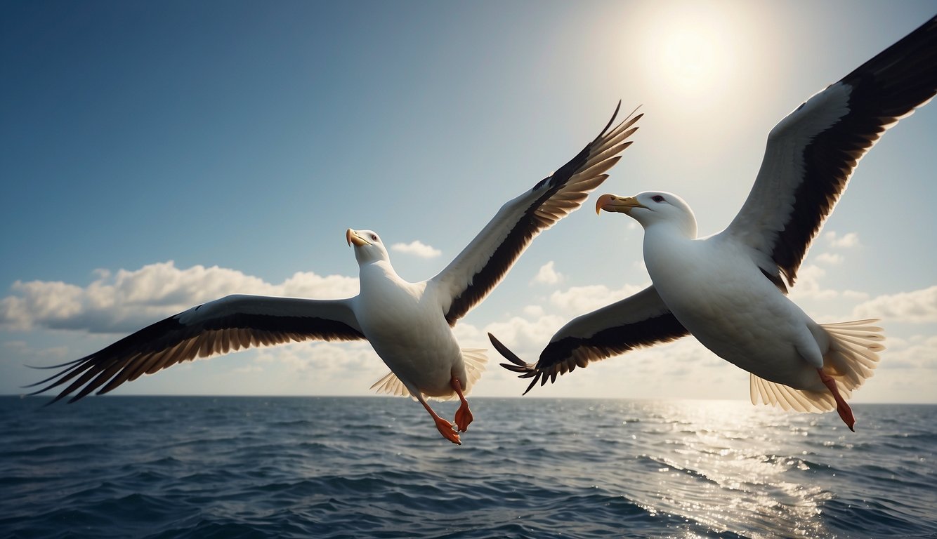 A flock of albatrosses soar gracefully over the vast expanse of the ocean, their giant wings outstretched as they ride the ocean breeze