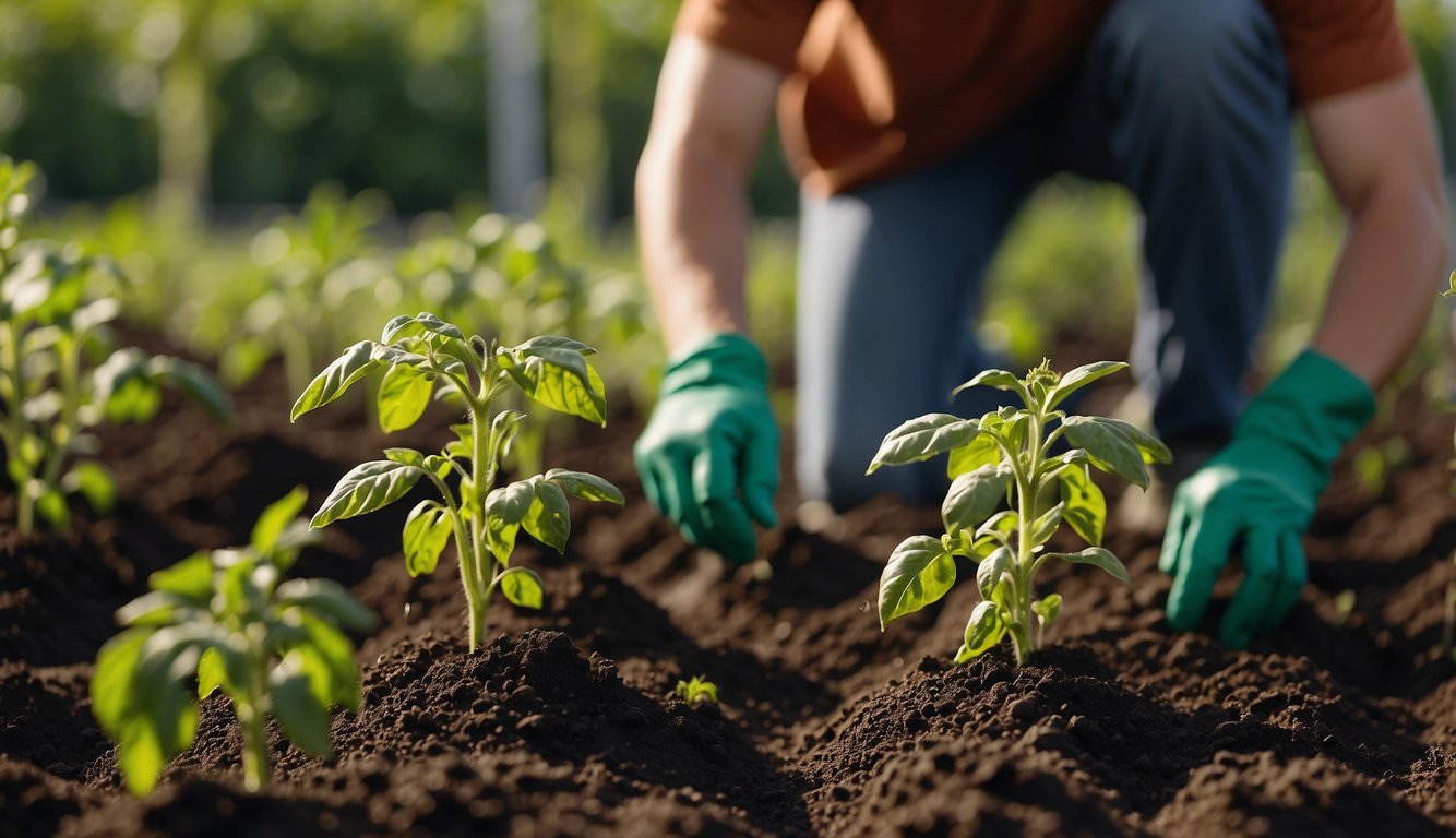 Tomato plants surrounded by bags of fertilizer, with a person applying the fertilizer to the soil
