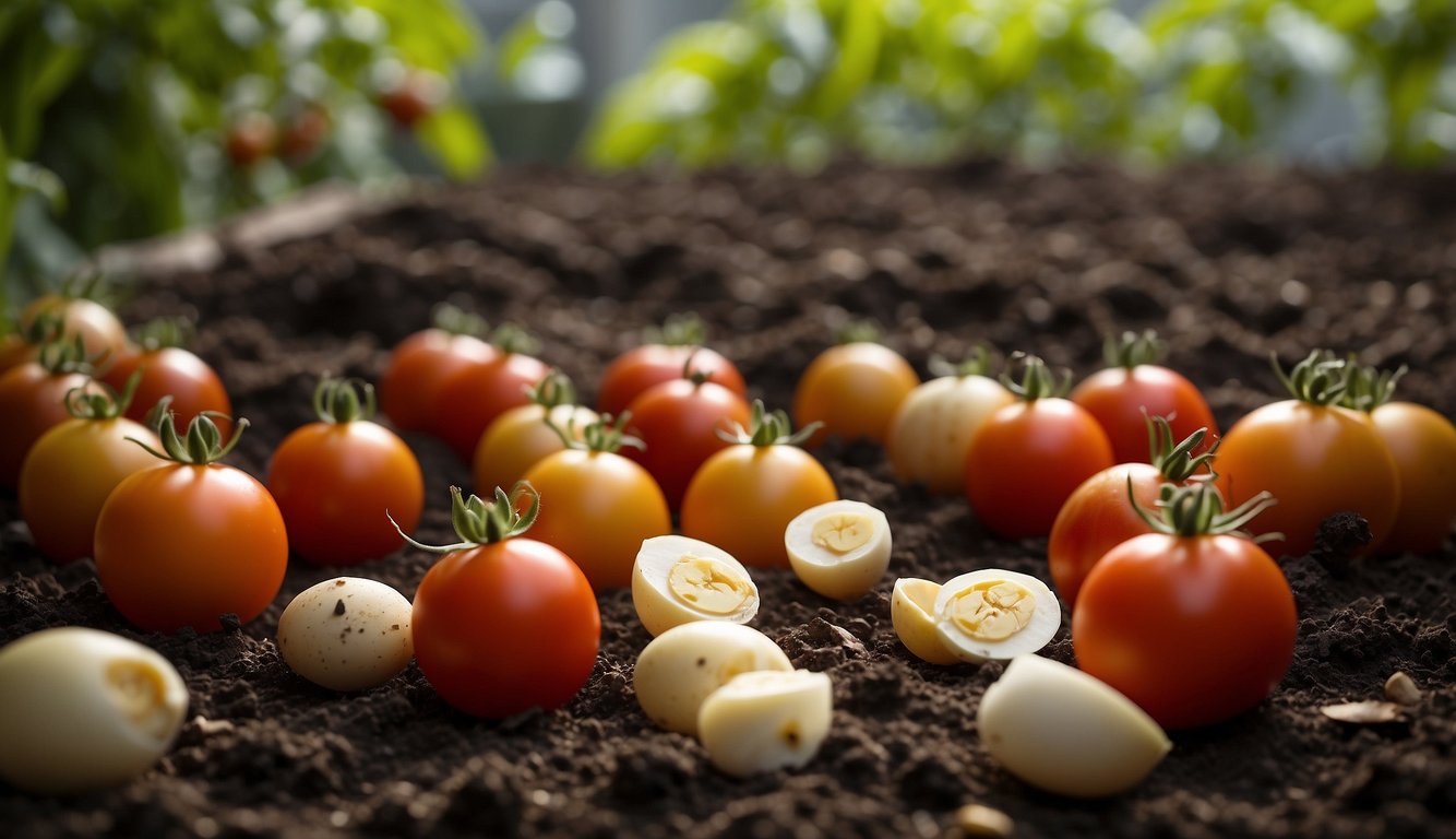 A garden with ripe tomatoes surrounded by compost, eggshells, and banana peels. A sign reads "Homemade and Natural Fertilizer Options" in the background