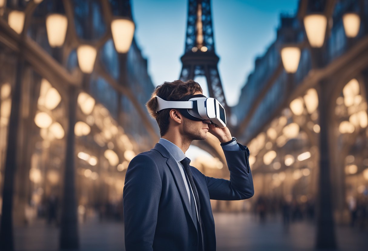 A virtual traveler wearing a VR headset explores a digital replica of the Eiffel Tower, surrounded by a bustling virtual Paris cityscape