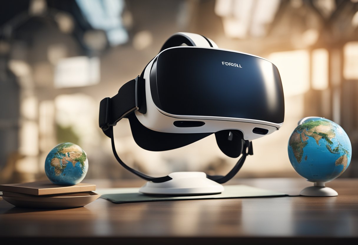 A virtual reality headset sits on a table, surrounded by images of exotic destinations. A globe and a map are nearby, hinting at the potential for global exploration