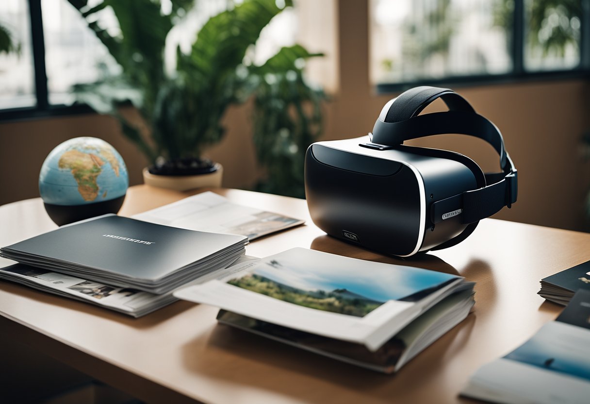 A virtual reality headset is placed on a sleek modern table, surrounded by travel brochures and a globe. The room is filled with natural light, creating a sense of adventure and exploration