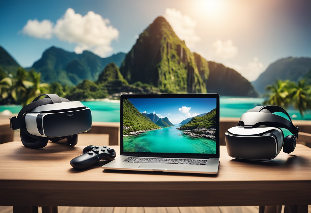 A virtual reality headset is placed on a table, surrounded by images of exotic destinations. A laptop displaying VR travel platforms sits nearby