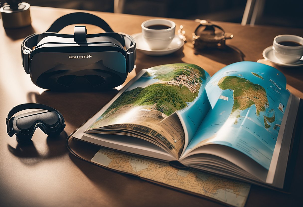 A virtual reality headset sits on a table, surrounded by images of exotic destinations. A globe and travel guidebook add to the sense of adventure