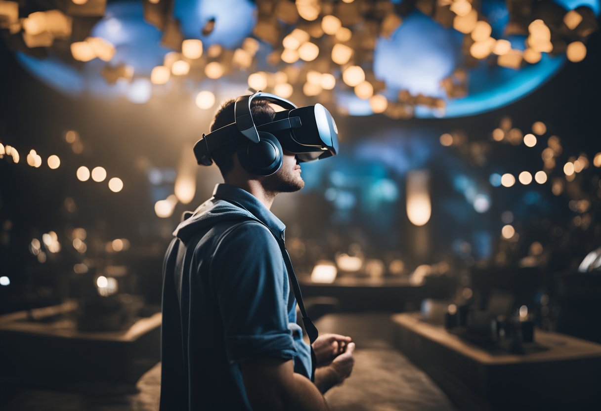 A user wearing a VR headset explores a digital landscape, surrounded by virtual landmarks and immersive experiences