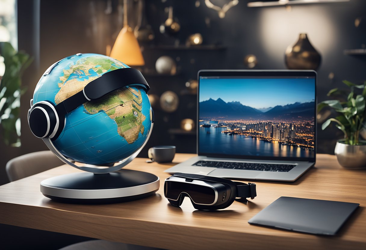 A virtual reality headset sits on a table next to a globe and a laptop displaying VR travel platforms. A poster on the wall advertises VR tourism marketing strategies