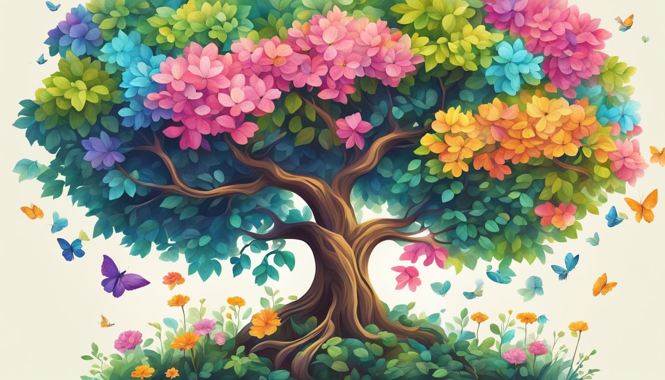 A vibrant tree blossoming with colorful leaves, surrounded by lush greenery and blooming flowers, symbolizing positive transformation and growth