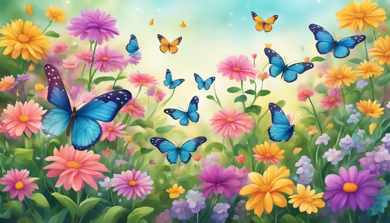 A vibrant garden with blooming flowers and fluttering butterflies, symbolizing positive transformation and manifestation