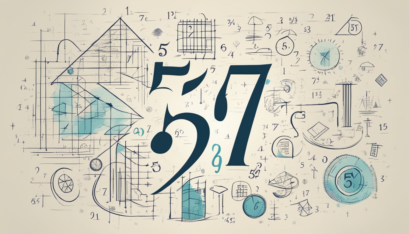 A hand writing the number 5577 with a pencil, surrounded by mathematical symbols and equations, representing the significance of the number 5577