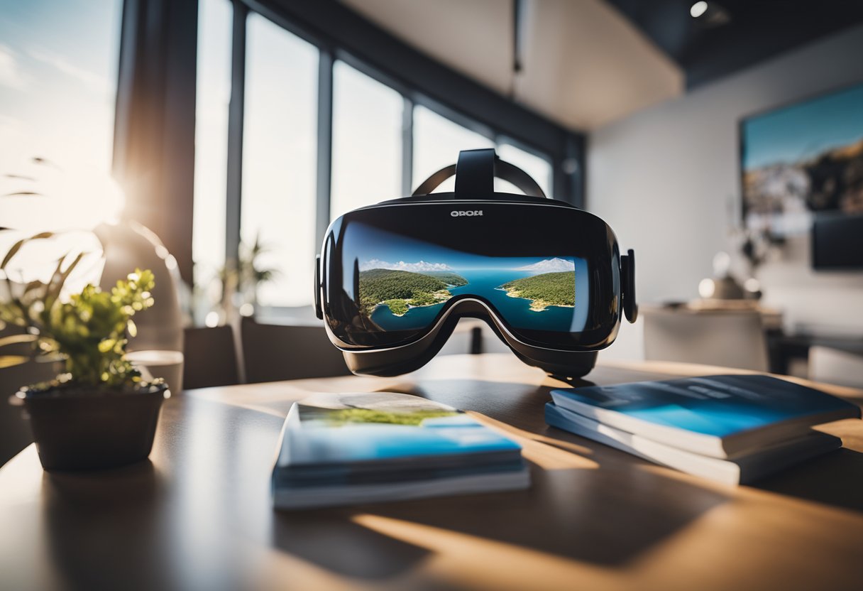 A virtual reality headset sits on a table, surrounded by travel brochures and a globe. The room is filled with anticipation and excitement for the adventures that await in the virtual world