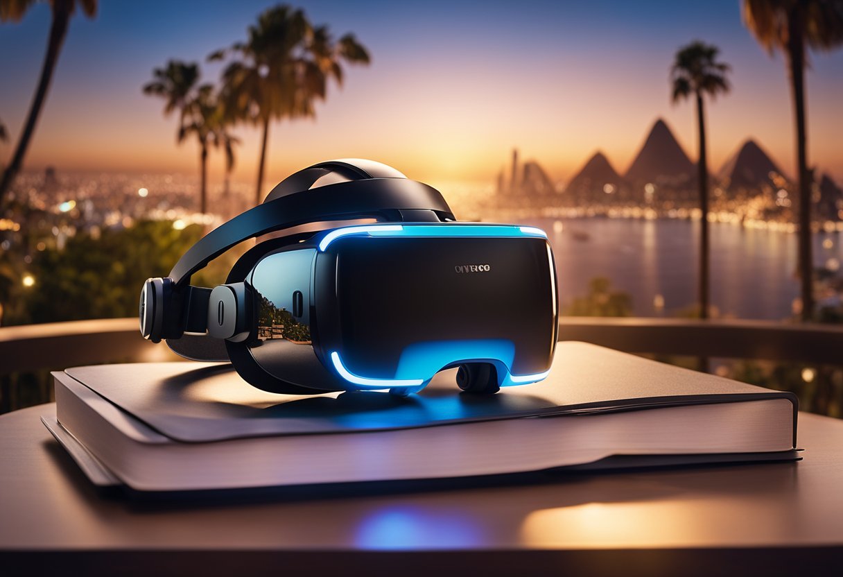 A virtual reality headset sits on a table, surrounded by images of famous landmarks and exotic destinations. A glowing aura emanates from the headset, symbolizing the transformative power of VR in tourism