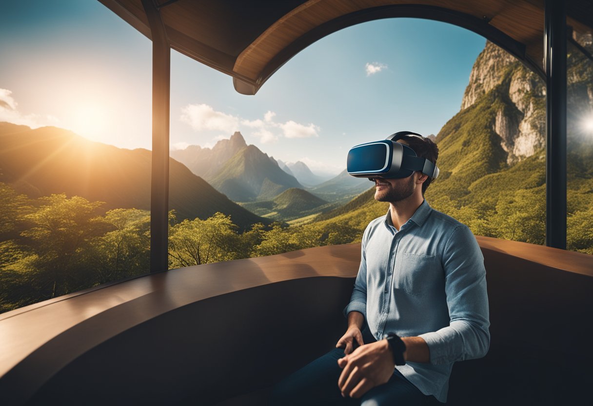 A person wearing a VR headset explores a virtual tourist destination, surrounded by lifelike scenery and engaging in interactive experiences, forming new memories in the virtual space