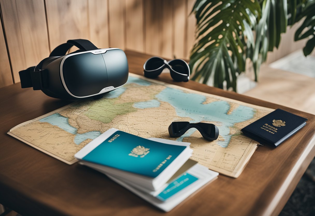 A virtual reality headset sits on a table, next to a passport and a map. A digital landscape of a tropical beach is displayed, with a virtual tour guide leading a group of avatars on a tour