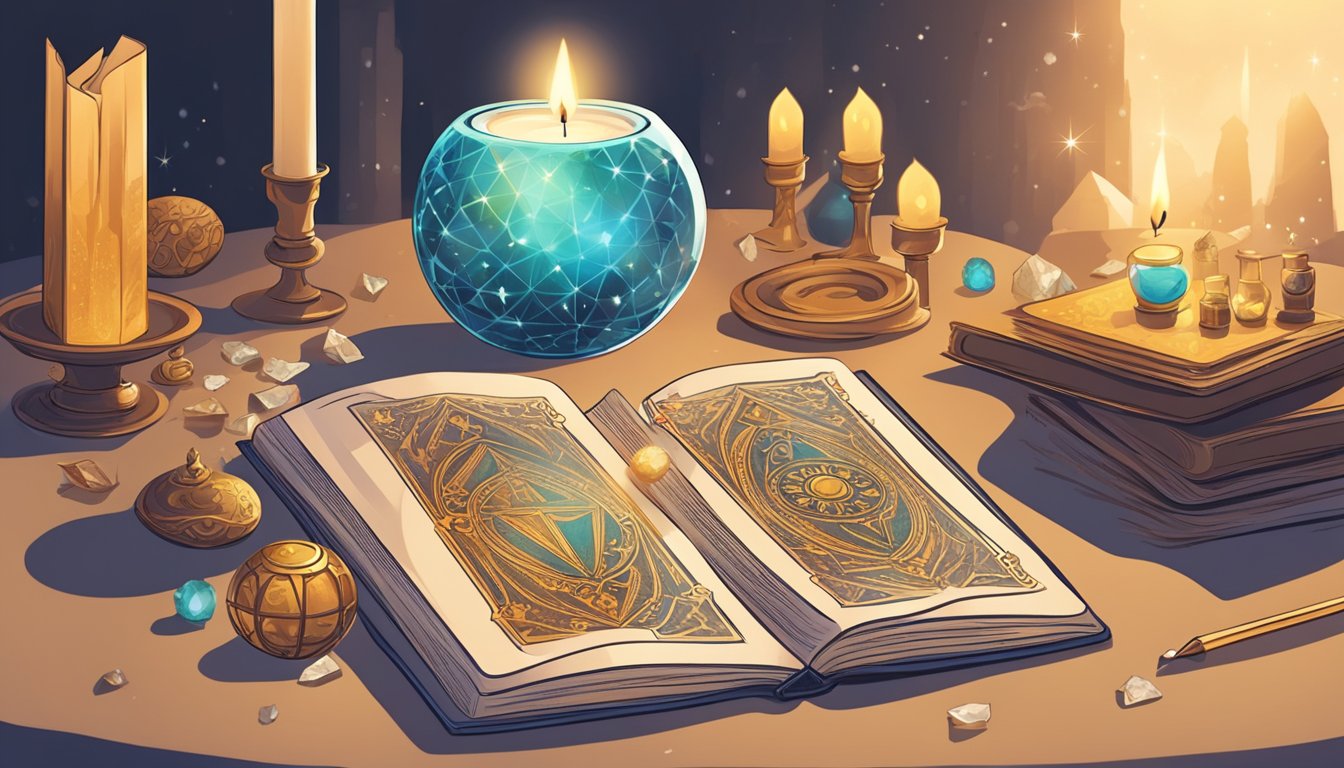 A table with scattered tarot cards, a crystal ball, and a book on numerology.</p><p>A candle burns, casting a soft glow on the mystical objects