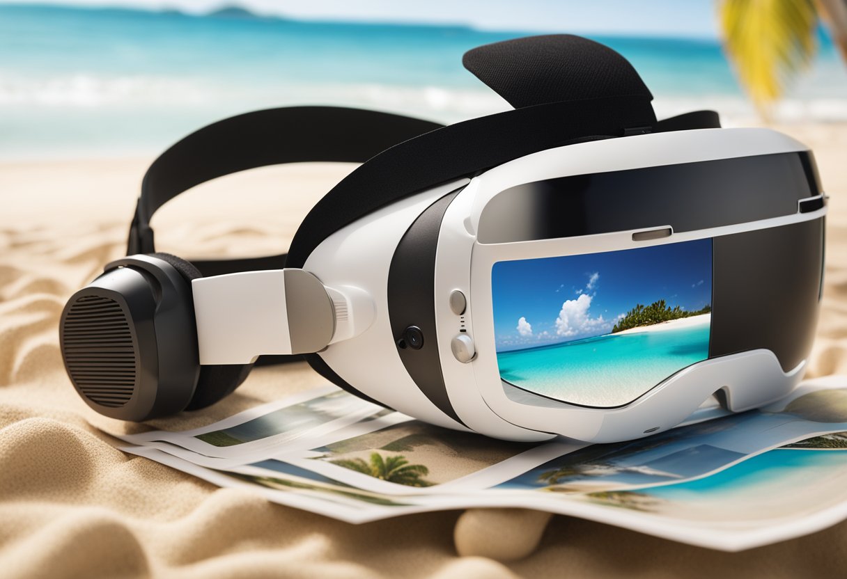 A VR headset sitting on a beach chair, with a virtual beach scene displayed inside the goggles, surrounded by travel brochures and a globe