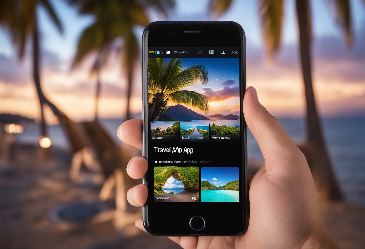 A smartphone displaying a VR travel app, with an exotic destination in the background. The app's interface is vibrant and inviting