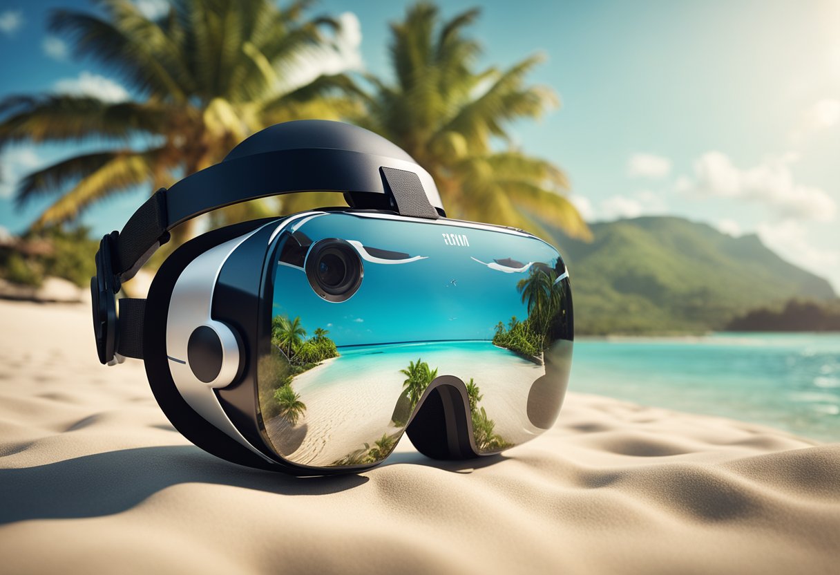 A VR headset displays a tropical beach with crystal-clear waters and palm trees. The user is immersed in the serene atmosphere, with the sound of waves and seagulls in the background