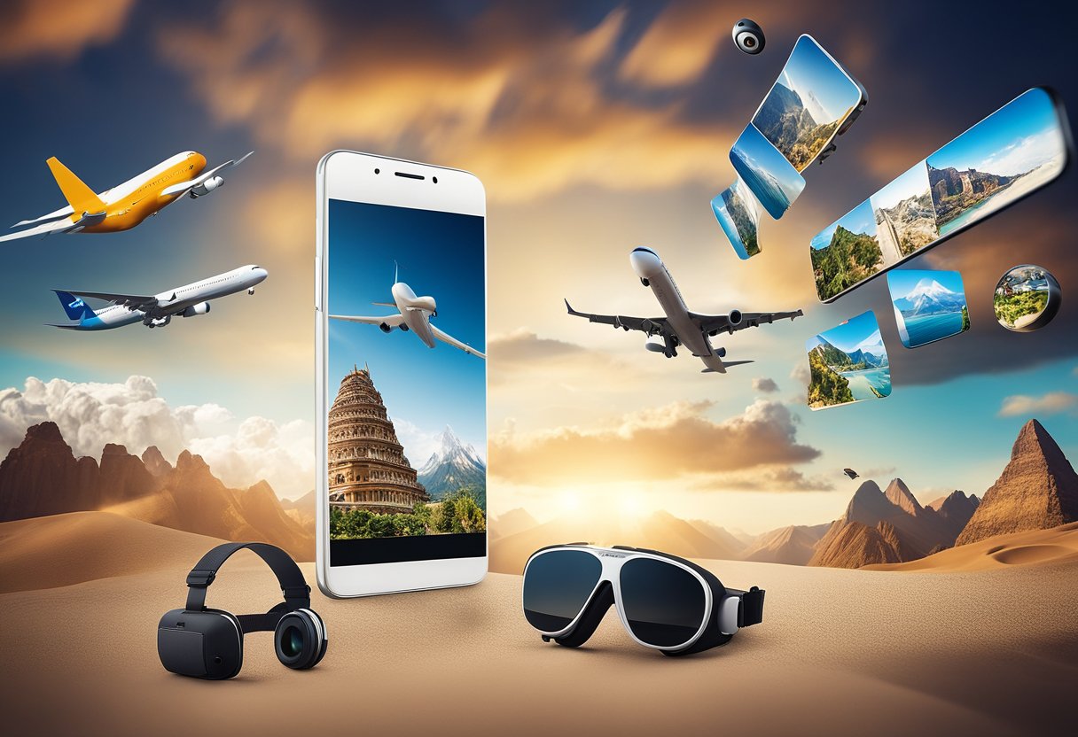 A smartphone with VR travel apps displayed, surrounded by images of various destinations, with a sense of excitement and adventure in the air