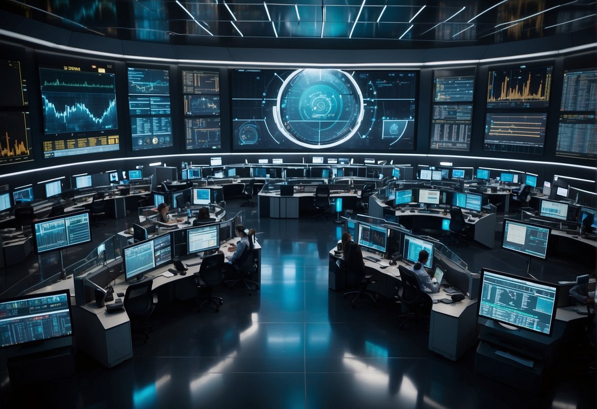 A futuristic trading floor with advanced technology and data analysis tools. Multiple screens display real-time risk assessments and automated processes
